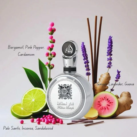 Lattafa Fakhar Men, Women, Gold Extrait, and Platin Eau de Parfum sprays in a 100ml bundle, featuring elegant bottles and labels.
