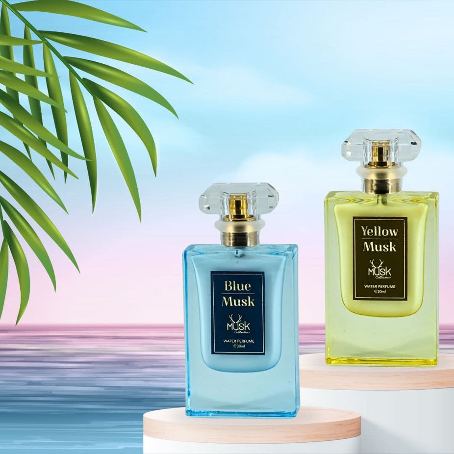Hamidi Blue Musk and Yellow Musk water perfume spray bundle, 30ml bottles with sleek packaging and vibrant labels.