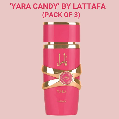 Three bottles of Yara Candy Eau de Parfum Spray by Lattafa, 100ml each, displayed in a value pack with elegant packaging.