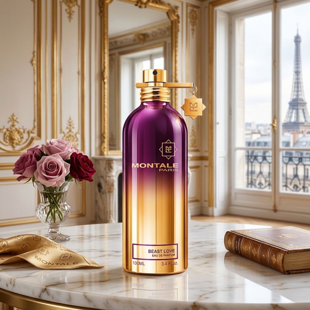 Montale Beast Love Eau de Parfum spray bottle, 100ml, with elegant packaging and sleek design visible in the image.