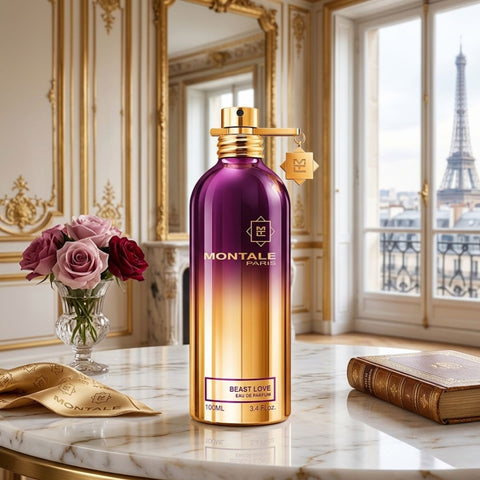 Montale Beast Love Eau de Parfum spray bottle, 100ml, with elegant packaging and sleek design visible in the image.