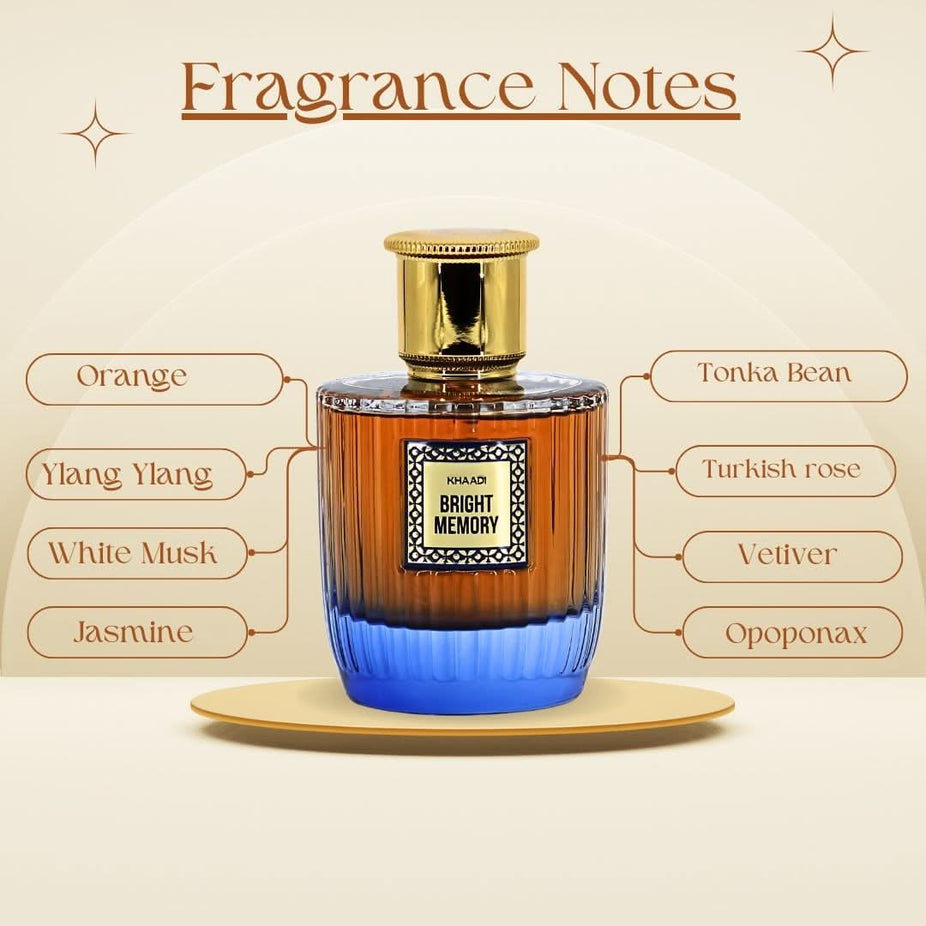 Bright Memory Eau de Parfum spray by Khaadi, 100ml bottle, with elegant floral and citrus notes in a stylish glass bottle.
