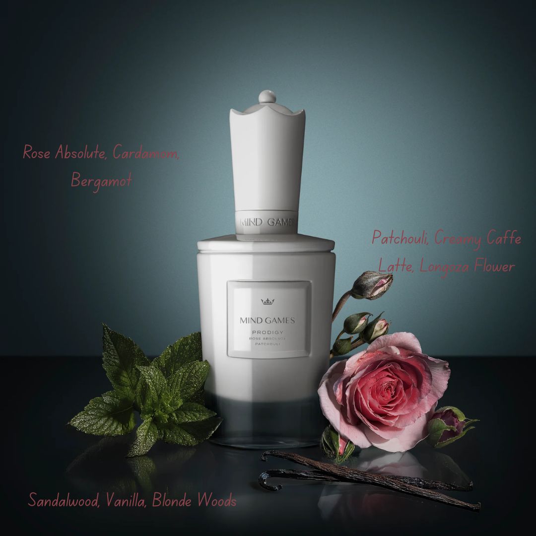 Prodigy Extrait de Parfum by Mind Games in 100ml bottle, elegant EDP bottle with dark and metallic design elements.
