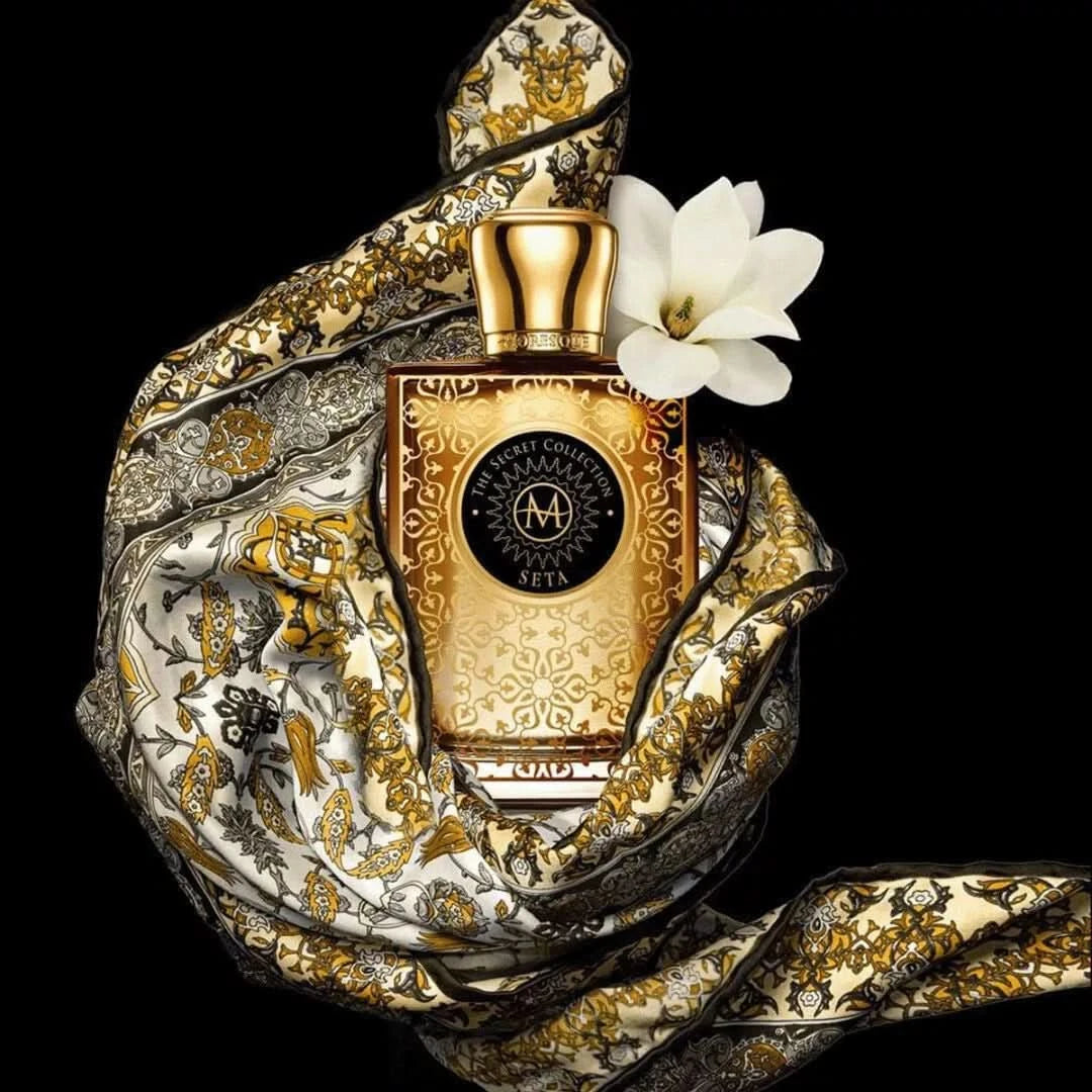 Moresque Seta Parfum Eau de Parfum spray bottle, 75ml, with elegant packaging and fragrance cap visible.