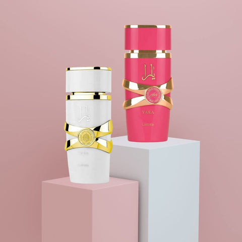 Lattafa Yara Candy and Yara Moi Eau de Parfum spray bundle, featuring two 100ml perfume bottles with elegant packaging.