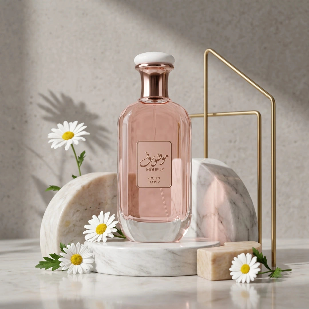 Mousuf Daisy Eau de Parfum spray by Ard Al Zaafaran, 100ml bottle with floral perfume design, on a plain background.