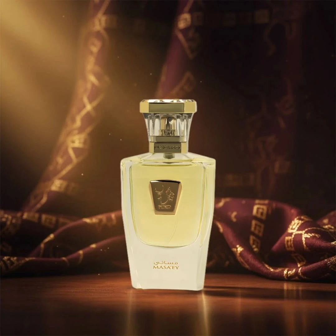 Hind Al Oud Masa'ey Parfum Eau de Parfum spray 50ml bottle with elegant design and gold accents.