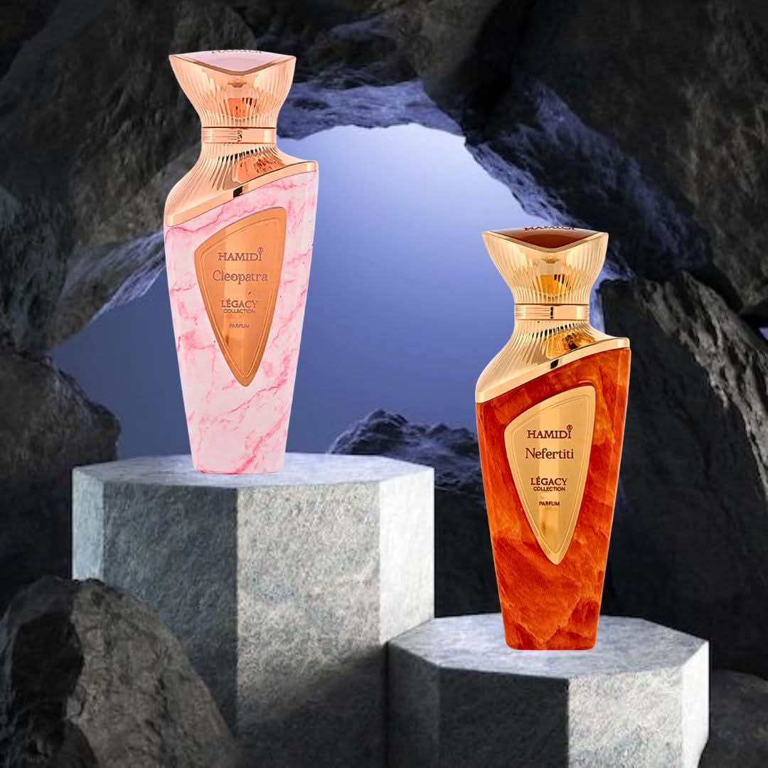 Hamidi Legacy Nefertiti and Cleopatra Eau de Parfum spray bundle, 100ml each, featuring elegant perfume bottles with ornate designs.