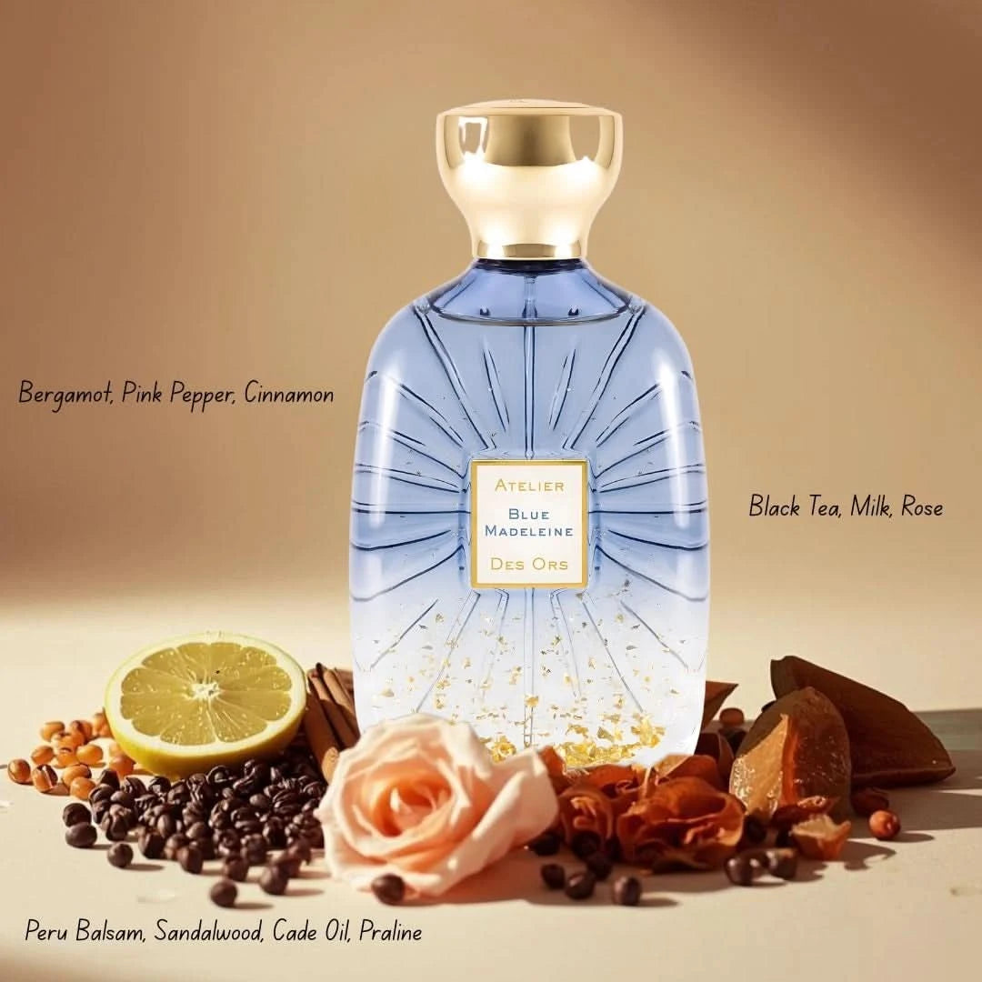 Blue Madeleine Eau de Parfum spray by Atelier Des Ores, 100ml bottle with a sleek blue design and elegant perfume cap.