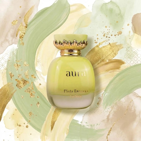 Khadlaj La Fede Aura Pista Dessert Eau de Parfum spray bottle, 100ml, with elegant packaging and floral and fruity notes.