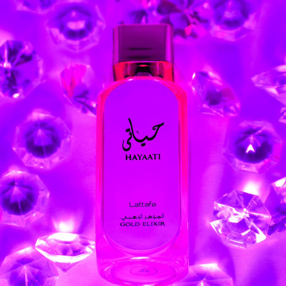 Lattafa Hayaati Gold Elixir for Women EDP 100ML bottle with elegant gold packaging and floral design, showcasing the perfume's luxurious look.