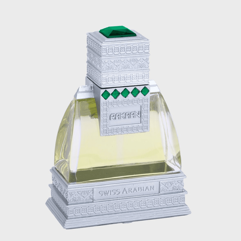 Swiss Arabian Rakaan Perfume Oil 20ML, concentrated perfume oil in a small glass bottle with a black cap.