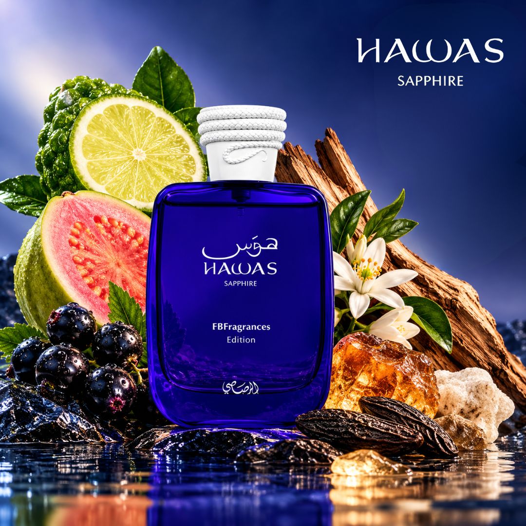 Rasasi Hawas for Men perfume bundle with Ice, Fire, Sapphire, and Boa Eau de Parfum sprays, 100ml each, featuring sleek bottle designs.