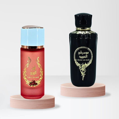 RISALA fragrance bundle featuring Lahn Alward 75ml and Music of Oud 100ml Eau de Parfum sprays in stylish bottles.