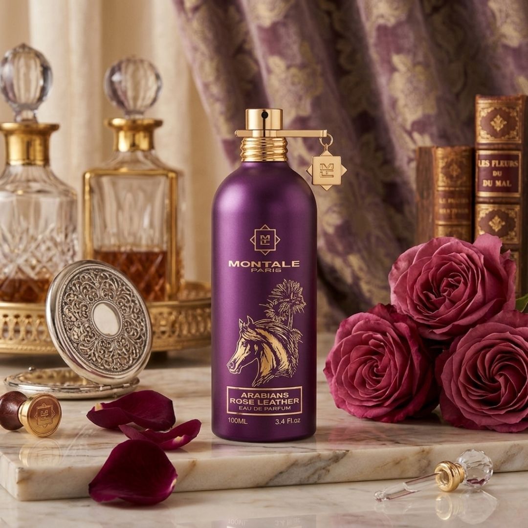 Montale Arabians Rose Leather Eau de Parfum spray 100ml bottle with sleek design and floral rose and leather scent details