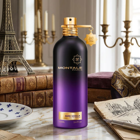 Montale Dark Vanilla Eau de Parfum spray 100ml bottle with elegant black and gold design, showcasing the luxurious fragrance.