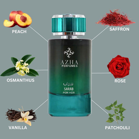 Sarab For Him Eau de Parfum spray by AZHA, 100ml bottle, featuring sleek packaging and a luxurious fragrance design.