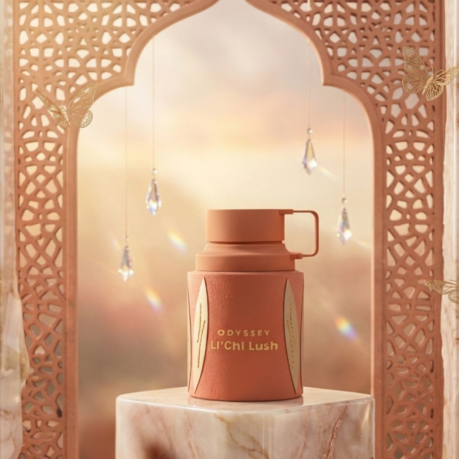 Odyssey Li'chi Lush Eau de Parfum Spray by Armaf, 100ml bottle, elegant packaging, showcasing the perfume bottle and cap.