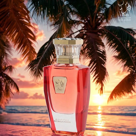 Burgundy Hind Al Oud Eau de Parfum spray bottle, 50ml (1.7 oz), with elegant burgundy packaging and sleek design.