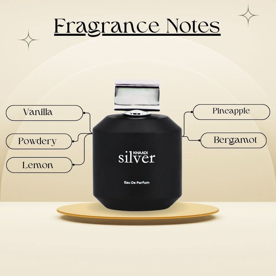 Silver Eau de Parfum Spray by Khaadi, 100ml bottle with sleek silver packaging and spray nozzle, elegant and modern design.