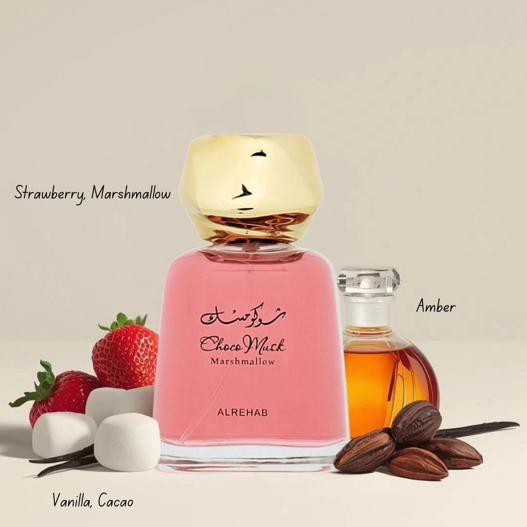 Al Rehab Choco Musk Pistachio and Marshmallow Eau de Parfum bundle with two 100ml spray bottles, featuring elegant packaging.