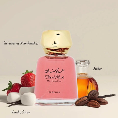 Al Rehab Choco Musk Pistachio and Marshmallow Eau de Parfum bundle with two 100ml spray bottles, featuring elegant packaging.