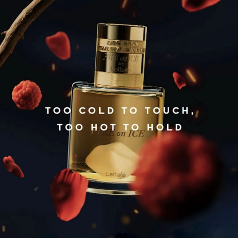 Lattafa Fire On Ice Eau de Parfum spray 110ml with velvet pouch, showcasing elegant bottle design and luxurious packaging.