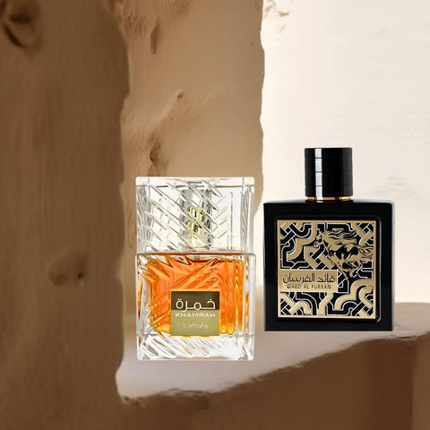 Lattafa Khamrah 100ml and Qaed Al Fursan 90ml eau de parfum spray bundle, featuring luxurious fragrance bottles.