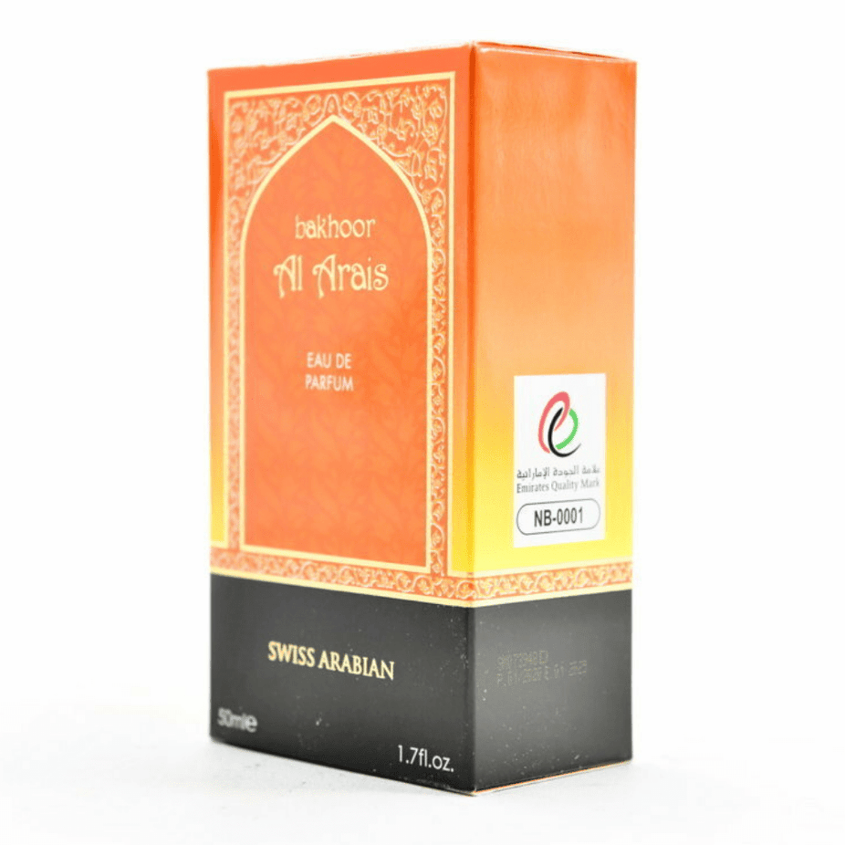 Swiss Arabian Bakhoor Al Arais EDP bottle, 50ml, elegant perfume with floral and woody notes in a sleek glass bottle.
