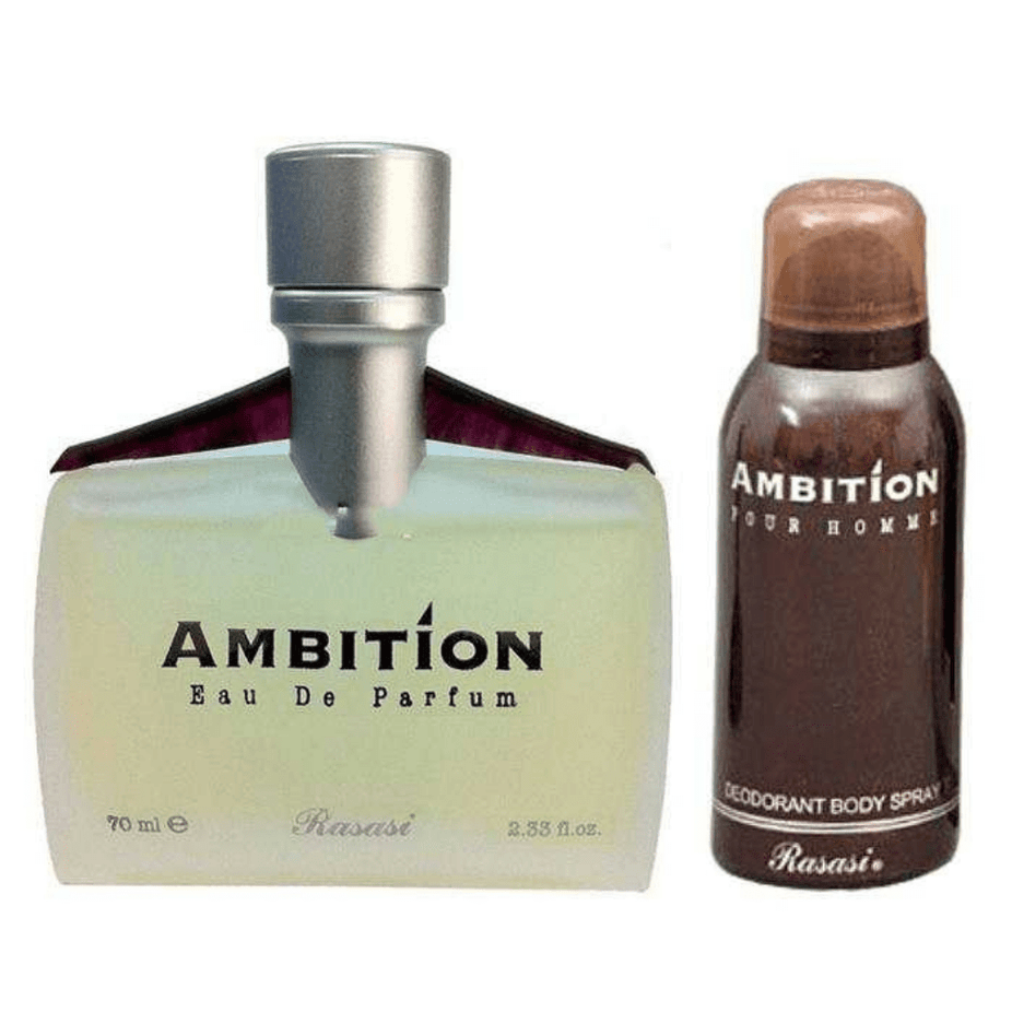 Rasasi Ambition for Men Eau De Parfum 70ml and deodorant 150ml bottles displayed with sleek packaging and branding.