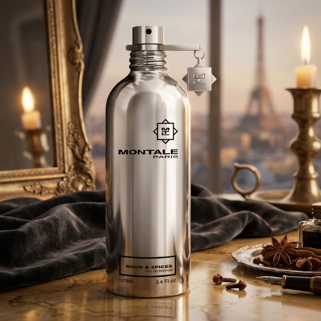 Montale Wood & Spices Eau de Parfum spray 100ml bottle with elegant packaging, showcasing warm wood and spicy fragrance notes.