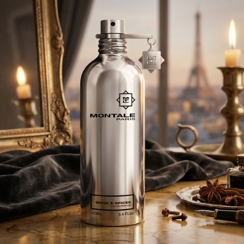 Montale Wood & Spices Eau de Parfum spray 100ml bottle with elegant packaging, showcasing warm wood and spicy fragrance notes.