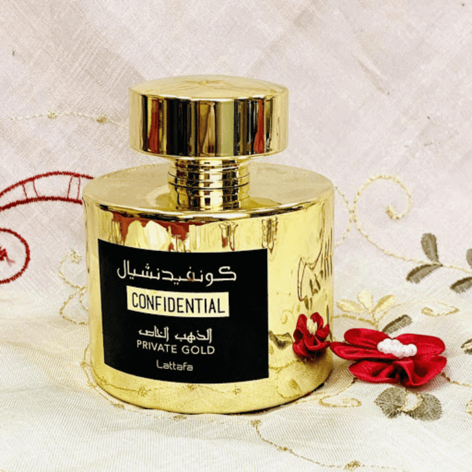 Confidential Private Gold Eau de Parfum spray by Lattafa, 100ml bottle, elegant packaging with gold accents and fragrance details.