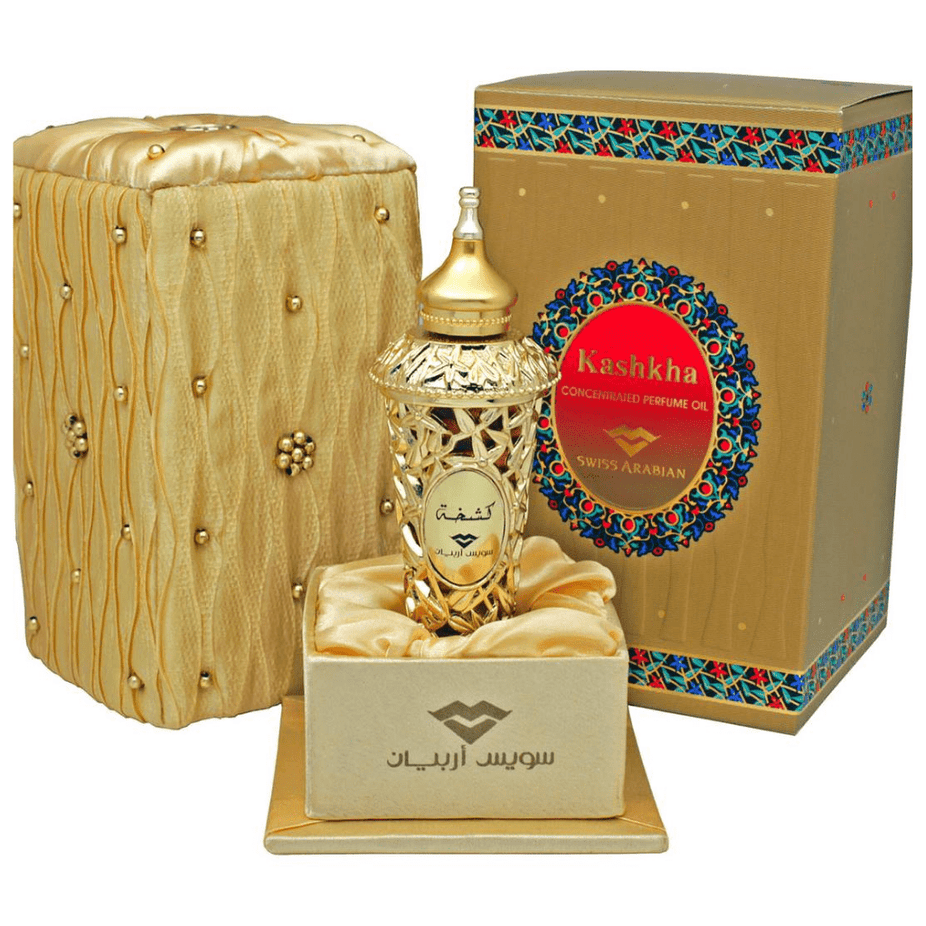 Swiss Arabian Kashkha Perfume Oil 20ml bottle, concentrated CPO with elegant packaging and branding visible in the image.
