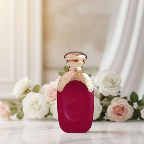 Hamidi Daliya Eau de Parfum spray 100ml with elegant bottle, showcasing the perfume's sophisticated design and branding.