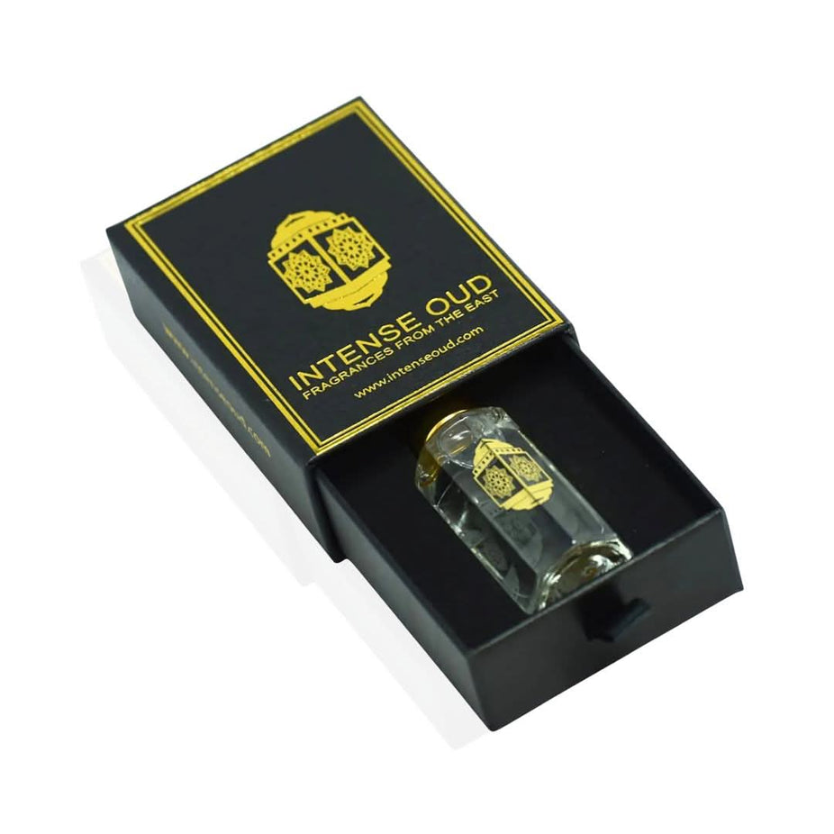 Intense Oud Al Bahar Perfume Oil 12ml in a black gift box, showcasing the sleek loose oil bottle and elegant packaging.