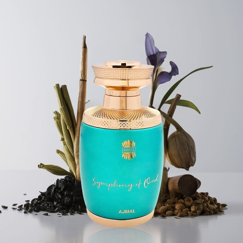 Ajmal Symphony of Oud EDP spray bottle, luxurious 75ML perfume with elegant packaging and a captivating, long-lasting scent.