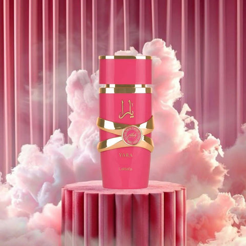 Lattafa Yara Candy, Yara Moi, and Yara Tous Eau de Parfum sprays in 100ml bundle, featuring elegant bottle designs and colorful packaging.