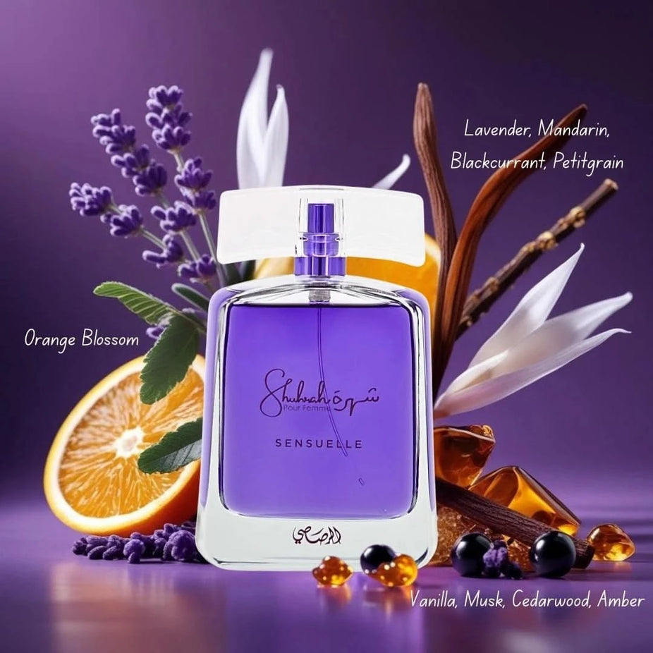 Rasasi Shuhrah Sensuelle Pour Femme Eau de Parfum spray bottle, 90ml, with elegant floral and fruity fragrance details.