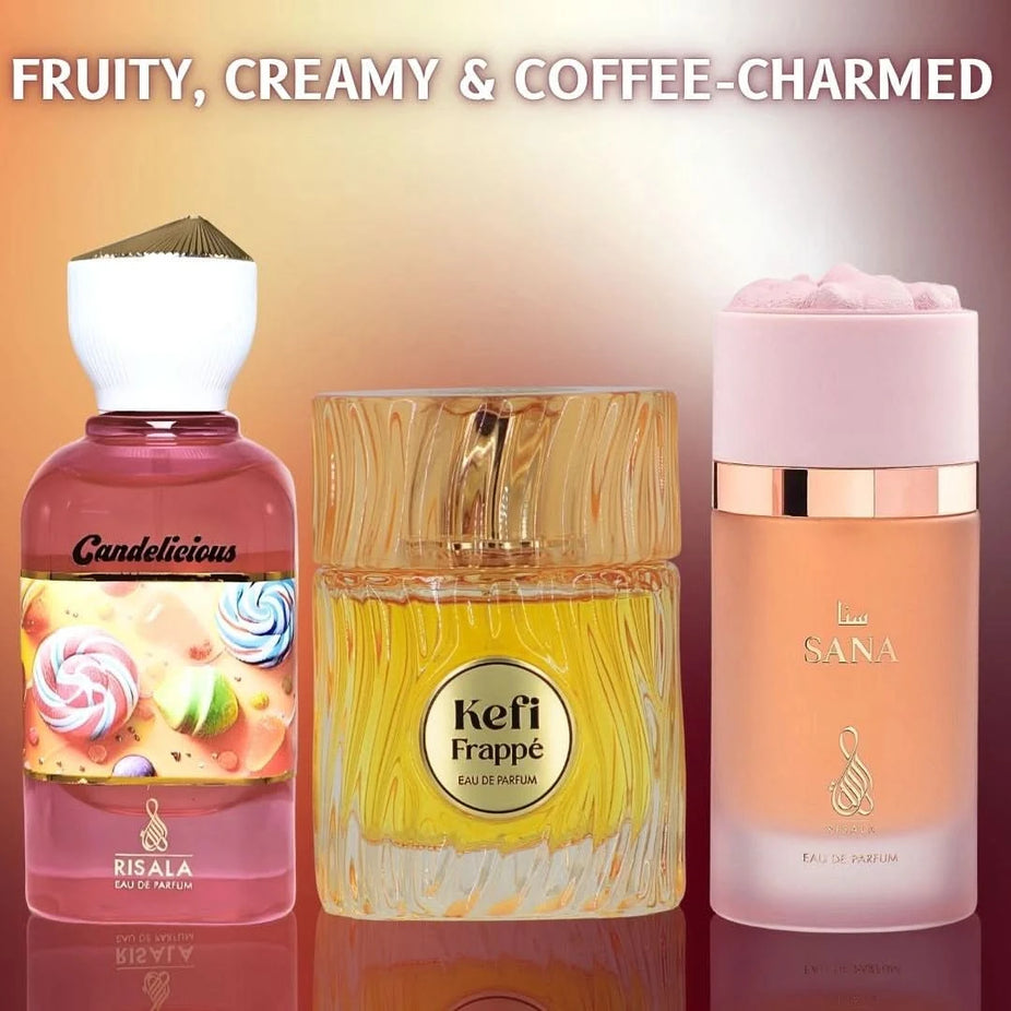 RISALA Candelicious, Sana & Kefi Frappe Eau de Parfum bundle with three 100ml spray bottles, featuring elegant perfume packaging.