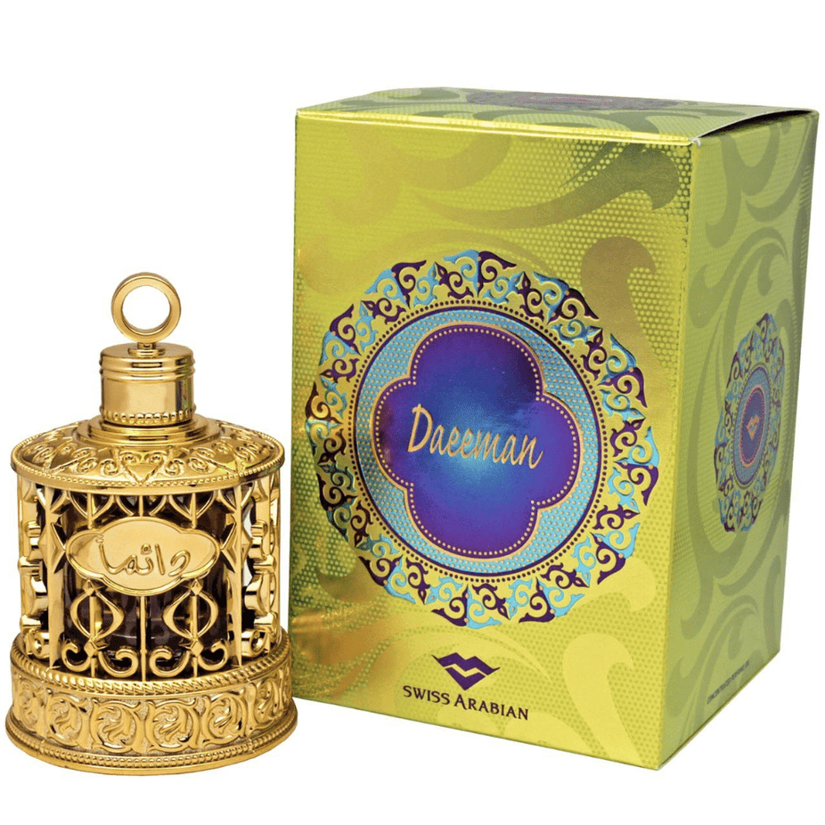 Swiss Arabian Daeeman perfume oil in a 24ml bottle, showcasing the concentrated perfume oil with elegant packaging.