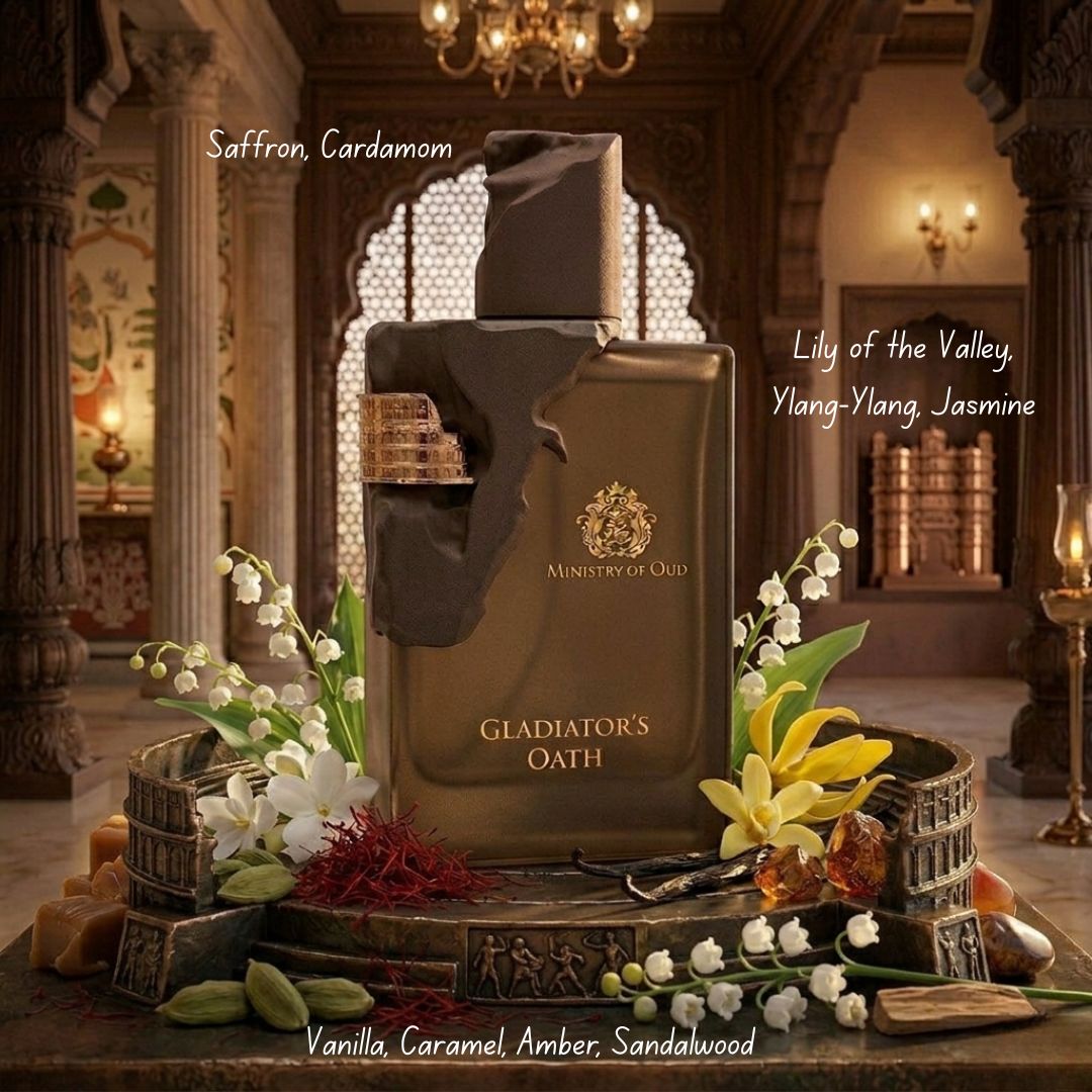 Paris Corner Ministry of Oud perfume bundle featuring Maestro's Symphony, Nile Whisper, Gladiator's Oath, and Romance Reverie 100ml sprays.