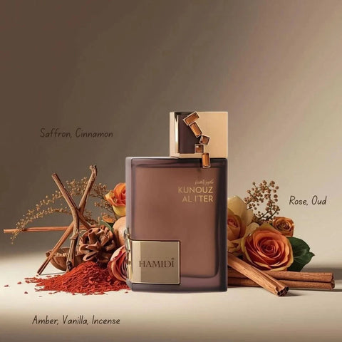 Hamidi Kunouz Al Hub and Kunouz Al Iter Eau de Parfum spray bundle, 100ml bottles with elegant packaging and branding.
