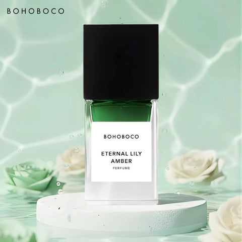Bohoboco Eternal Lily Amber Eau de Parfum spray bottle, 50ml, with elegant floral and amber fragrance details on the packaging