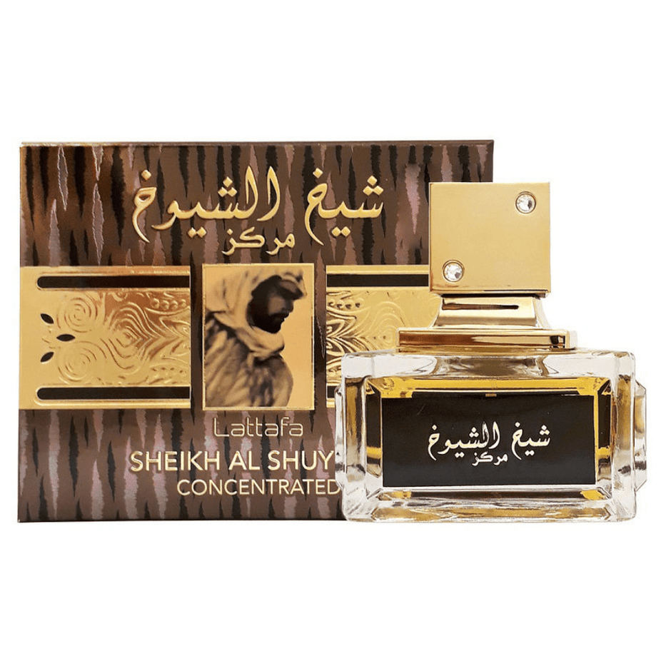 Lattafa Sheikh Al Shuyukh Marakaz EDP 100ML bottle, elegant perfume with a sleek design, showcasing the concentrated Eau De Parfum.