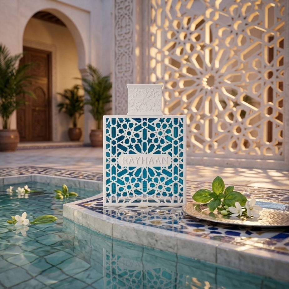 Rayhaan Azul Eau de Parfum spray 100ml bottle with a sleek design and blue accents, showcasing the Rayhaan fragrance.