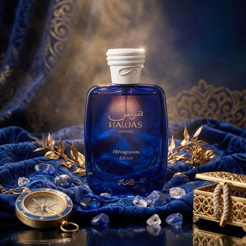 Hawas Sapphire Rasasi cologne styled on blue velvet with gold accents, luxury Arabian perfume for men.