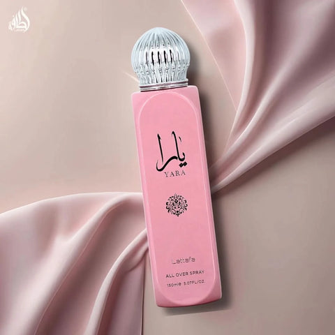 Lattafa Yara Eau de Parfum Spray 100ml and All Over Spray 150ml in a bundle, featuring elegant bottles and packaging.