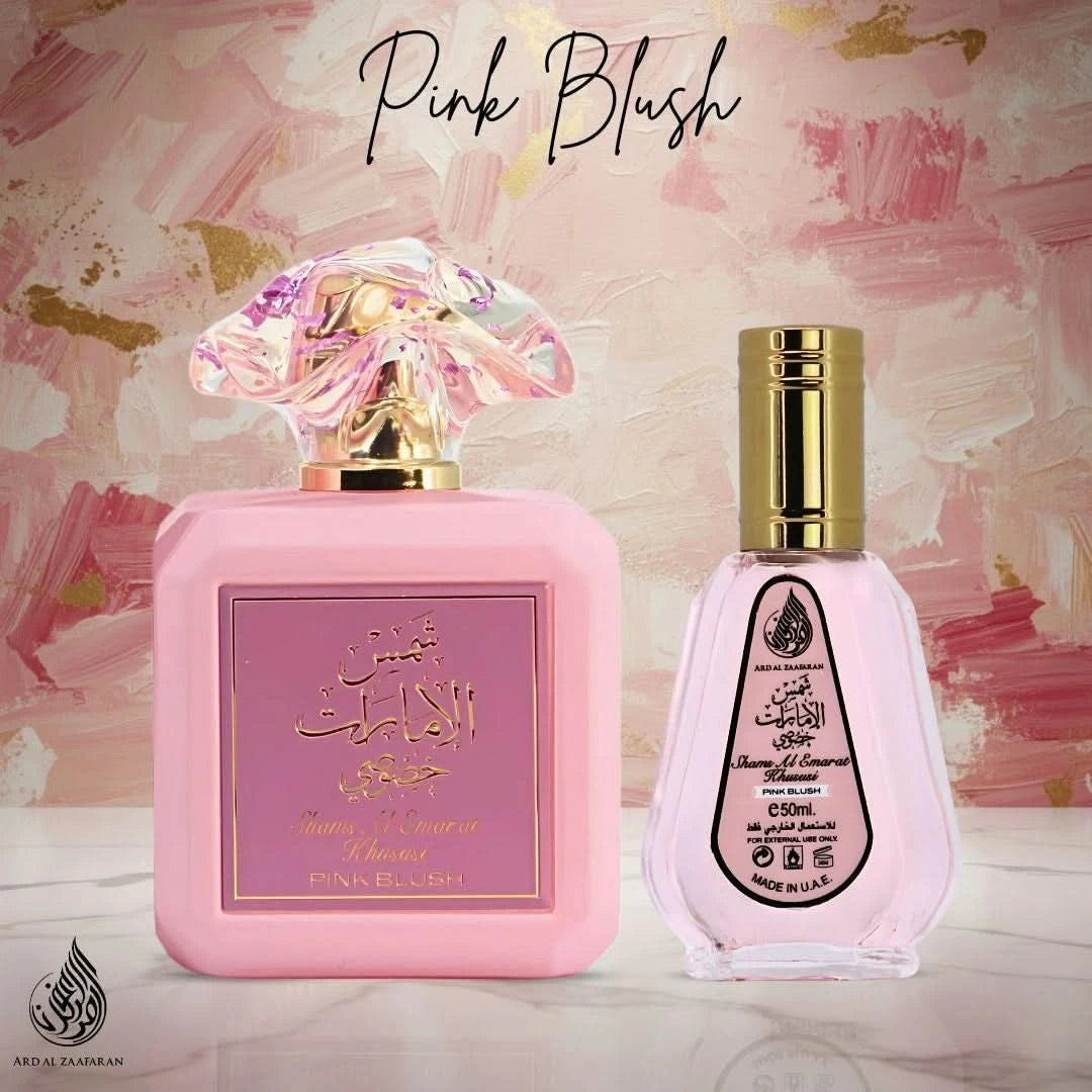 Pink Blush Shams Al Emarat Eau de Parfum by Ard Al Zaafaran in 100ml and 50ml bottles, featuring floral and fruity notes.