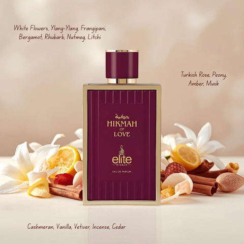 Elite Risala Hikmah of Life, Love, and Intense Eau de Parfum bundle showing three 100ml spray bottles with elegant packaging